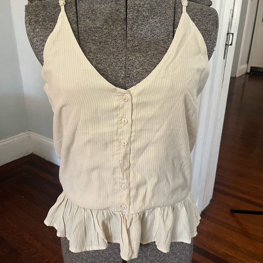 Cream Button-Down Ruffle Hem Top